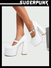 Y2K Women's Sweet Heart Chunky White Heels Round Toe